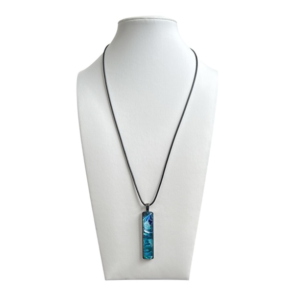 Handmade Blue Teal Fluid Art Bar Pendant Necklace Long Rectangle Minimalist - Picture 3 of 10
